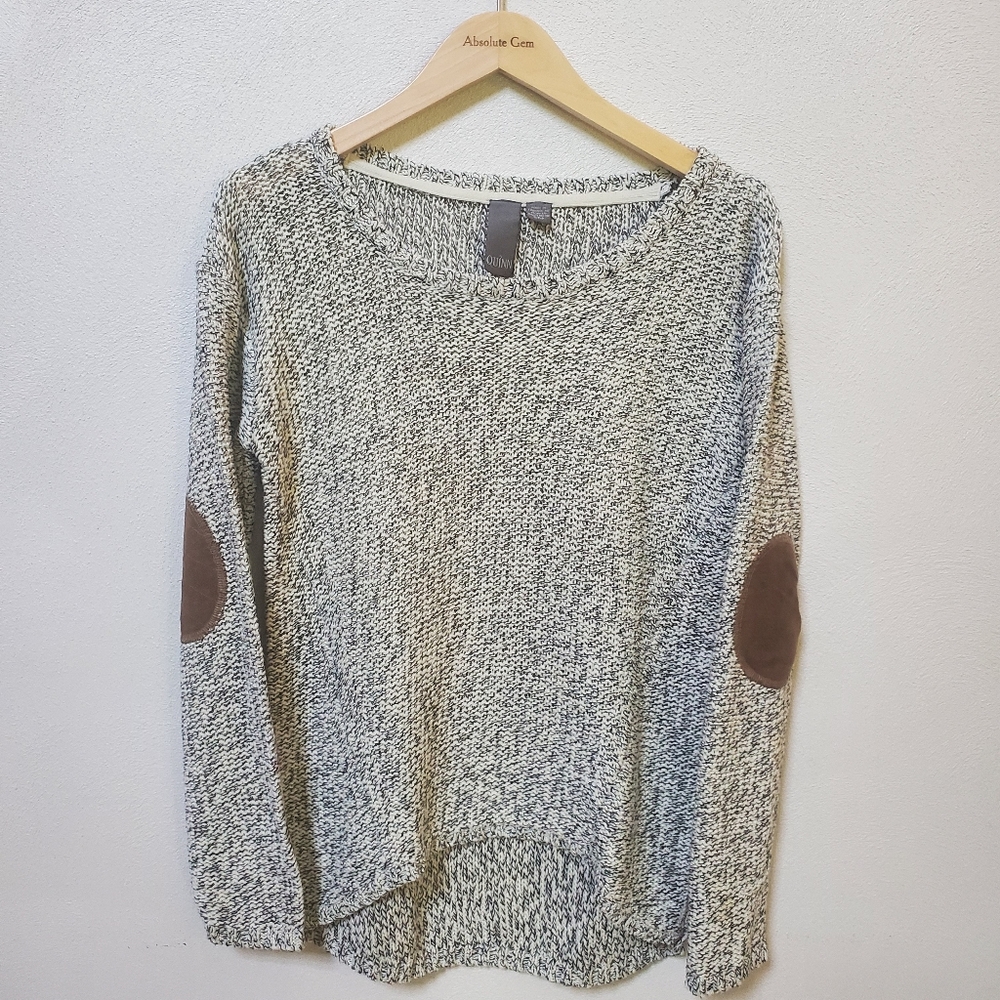 Quinn Black White Melange long Sleeved Knit High Low Sweater Elbow Patches Small